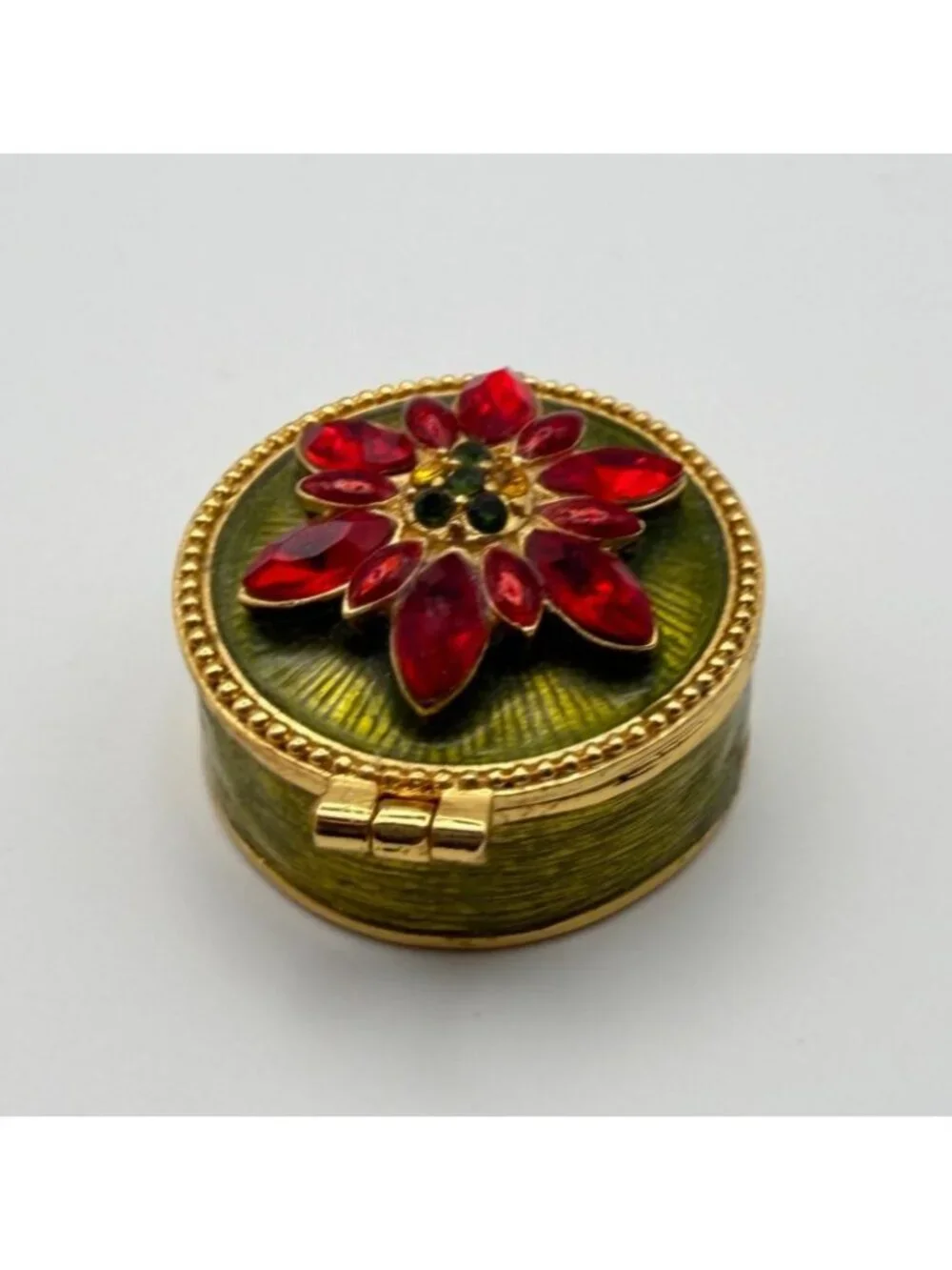 Christopher Radko Enamel Trinket Pill Box Red Poinsettia Flower Gold Tone Round
